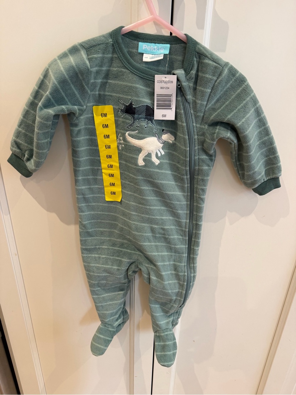 Pekkle Green Striped Baby One-Piece with Dino Applique - 6M